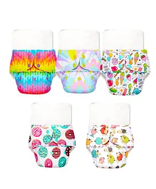 BASIC Freesize Adjustable Washable and Reusable Cloth Diaper with Inserts  Pack of 5 - Assorted Prints