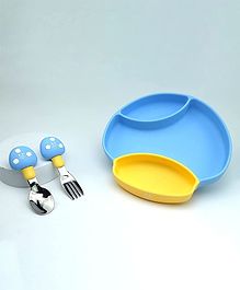 Starkiddo Cute Mushroom Plate Food Grade Silicone Suction Plates for Baby with Trainer Spoon & Fork Perfect for toddler independent feeding experience - Blue Yellow