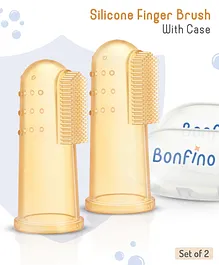 Bonfino Silicone Finger Brush with Protective Case Brown - Pack of 2| BPA Free & Food Grade| Silicone Bristles and Bumps| Wide Finger Cavity| Dual Side Cleaning  - Bristles and Bumps| Early Oral care