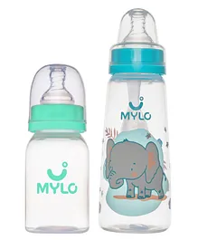 Mylo Baby Feels Natural Baby Feeding Bottle Slim Neck 125 ml & 250 ml Pack of 2 Sea green Elephant - 375 ml