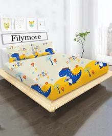 Filymore I love My Camera Theme Based Dinosaur Kids Bedsheet For Double Bed With 2 Pillow Covers Made With Pure Microfiber Bedsheet - Cream Yellow and Blue
