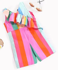 M'andy Sleeveless Striped Style Colour Blocked Frill Jumpsuit - Multi Colour