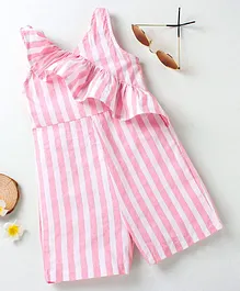 M'andy  Sleeveless Awning Lurex Striped & Flounce Detailed Jumpsuit - Pink