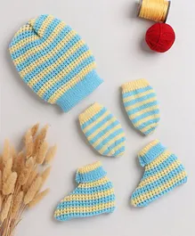 Little Angels Striped Designed Cap With Coordinating Mittens & Socks - Green & Yellow
