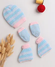 Little Angels Striped Designed Cap With Coordinating Mittens & Socks - Pink & Blue