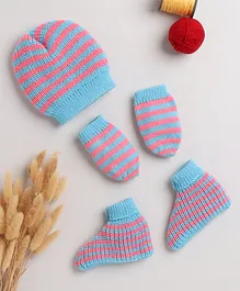 Little Angels Striped Designed Cap With Coordinating Mittens & Socks - Pink & Blue