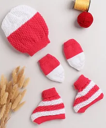 Little Angels Striped Designed & Colour Block Cap With Coordinating Mittens & Socks - Red & White