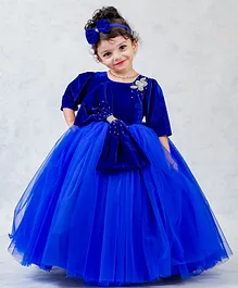 Li&Li BOUTIQUE Three Fourth Sleeves Velvet Party Wear Gown With Bow Detailing - Royal Blue