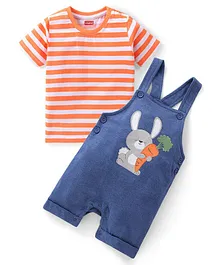 Babyhug 100% Cotton Half Sleeves Striped Inner Tee with Dungaree - Blue & Orange