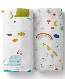 Moms Home Organic Cotton Baby Muslin Swaddle Unicorn & Whale Pack of 2 - Multicolour
