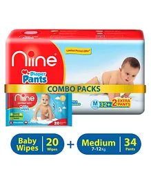 Niine Combo of Baby Diaper Pants Medium (M) Size (7-12 KG) 34 Pants and 20 Biodegradable Baby Wipes