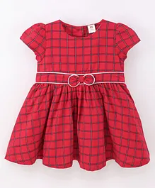 ToffyHouse Cotton Half Sleeves Checkered Dress  - Red