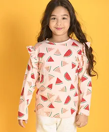 Anthrilo Full Sleeves With Frilled Shoulder  Watermelon Slice Printed Tee - Pink