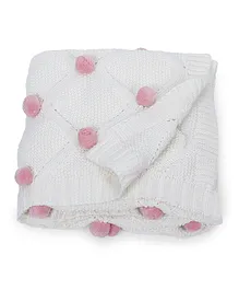 haus & kinder 100% Pure Cotton Knitted Pom Pom Blanket - Pink