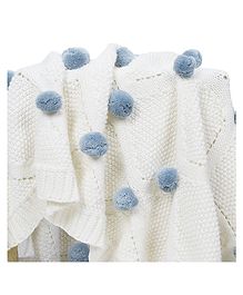 Haus & Kinder 100% Pure Cotton Knitted Pom Pom Blanket - White Blue