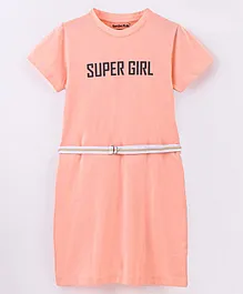 Sundae Kids Cotton Lycra Half Sleeves Super Girl Text Print Frock - Pink