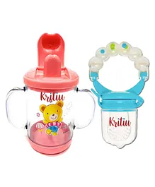 Kritiu Baby Sippy Spout Cup With Handles 200 ml & Rattel Fruit Feeder Combo Of 2 - Multicolor