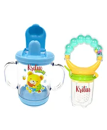 Kritiu Baby Sippy Spout Cup With Handles 200 ml & Rattel Fruit Feeder Combo Of 2 - Multicolor