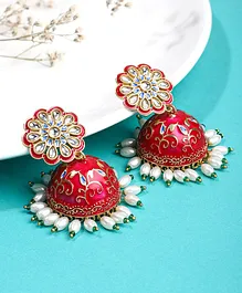 Yellow Chimes Kundan Studded Beads Drop Meenakari Jhumka Earrings  -Red