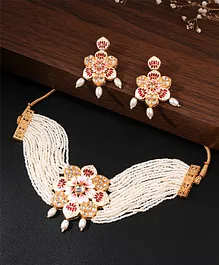 Yellow Chimes Kundan Studded Floral Detail Choker Necklace With Pair Of Earrings - White