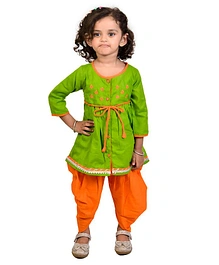 CHAKORI Sankranti Pongal Mehendi Ceremony Theme Three Fourth Sleeves Leaf Motif Embroidered & Gota Lace Embellished A Line Kurta With Dhoti - Green & Orange