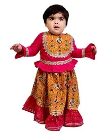CHAKORI Full Sleeves Patola Foil Print Jaipuri Gota Work Lehenga And Choli - Pink & Orange