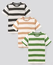 Primo Gino 100% Cotton Half Sleeves Striped T-Shirts Pack Of 3 - Brown Green & Grey