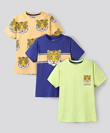 Primo Gino 100% Cotton Half Sleeves T-Shirts Tiger Print Pack of 3- Green Blue & Peach