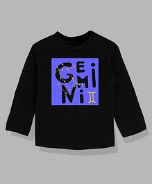 KAVEE 100% Cotton Biowashed Full Sleeves Zodiac Sign Gemini Printed Tee - Black