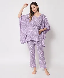 Aujjessa Batwing Sleeves Kaftan Style Maternity Front Zipper Feeding Night Suit - Purple