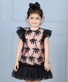 Dress My Angel Cap Frill Sleeves Lace Embellished Flare Dress - Black