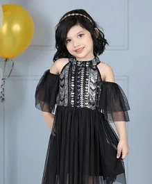 Dress My Angel Short Sleeves Cold Shoulder Sequin Embellished Party Dress - Black
