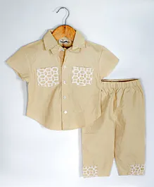 SnuggleMe Half Sleeves Lace Work Patch Pocket Detailed Shirt With Coordinating Pant - Beige