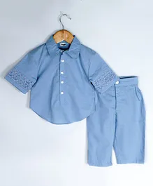 SnuggleMe Half Sleeves Lace Work Patch Detailed Curved Hem Shirt With Solid Pant - Blue