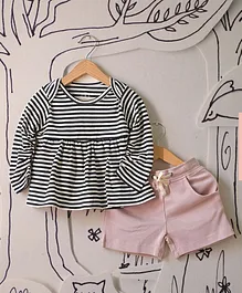 Love The World Today Full Sleeves Striped Peplum Style Top & Shorts Set - Black & Grey