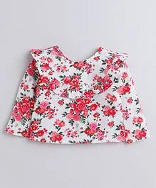 Aww Hunnie 100% Cotton Full Sleeves Floral Printed Frilled Shoulder Top - Red & White