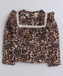 Aww Hunnie 100% Cotton Full Sleeves Leaf And Flowers Printed Frilled Shoulder With Lace Work Top - Brown