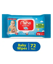 Niine Cottony Soft Biodegradable Baby Wipes with LID Enriched Goodness of Aloe Vera and Vitamin E -  72 Wipes