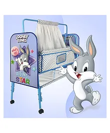 NHR Looney Tunes Baby Cradle With Mattress, Mosquito Net & Wheel Lock-Blue