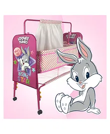 NHR Looney Tunes Baby Cradle With Mattress, Mosquito Net & Wheel Lock - Pink