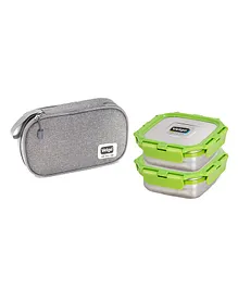 Veigo Lock N Steel 100% Air Tight 2 Container Medium Lunch Box With Bag- Green