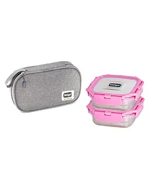 Veigo Lock N Steel 100% Air Tight 2 Container Medium Lunch Box With Bag- Pink