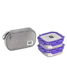 Veigo Lock N Steel 100% Air Tight 2 Container Lunch Box With Bag- Purple