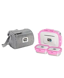 Veigo Lock N Steel 100% Air Tight 1 Big and 2 Small Containers with Fabric Bag - Pink