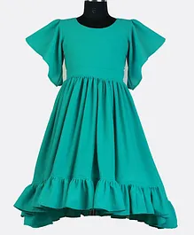 HEYKIDOO Half Flared Sleeves Solid Flared Georgette Dress - Green