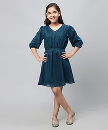 Bolly Lounge Three Fourth Sleeves Seamless Designed Fit & Flare Dress - Blue