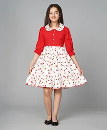 Bolly Lounge  Three Fourth Puffed  Sleeves Cherry Printed Fit & Flare Dress - Red
