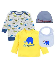 Kadam Baby Full Sleeves Ocean And Elephant Printed Tees With Cap And Bib Set - Yellow & White