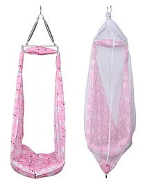 Grandmas Premium Baby Cradle Bed with Mosquito Net and Spring Smile Star Print - Pink