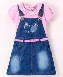Enfance Half Balloon Sleeves Fox Face Applique Dungaree Dress With Solid Tee & Belt - Blue Pink